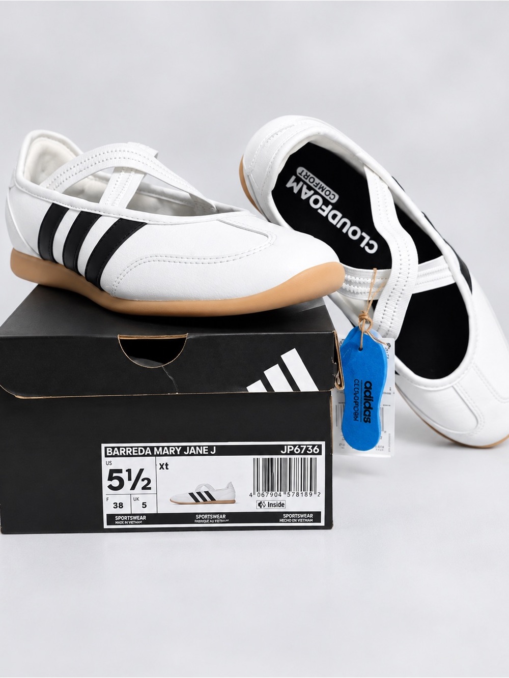Adidas Barreda Mary Jane Junior Shoes - White & Black with Gum Sole